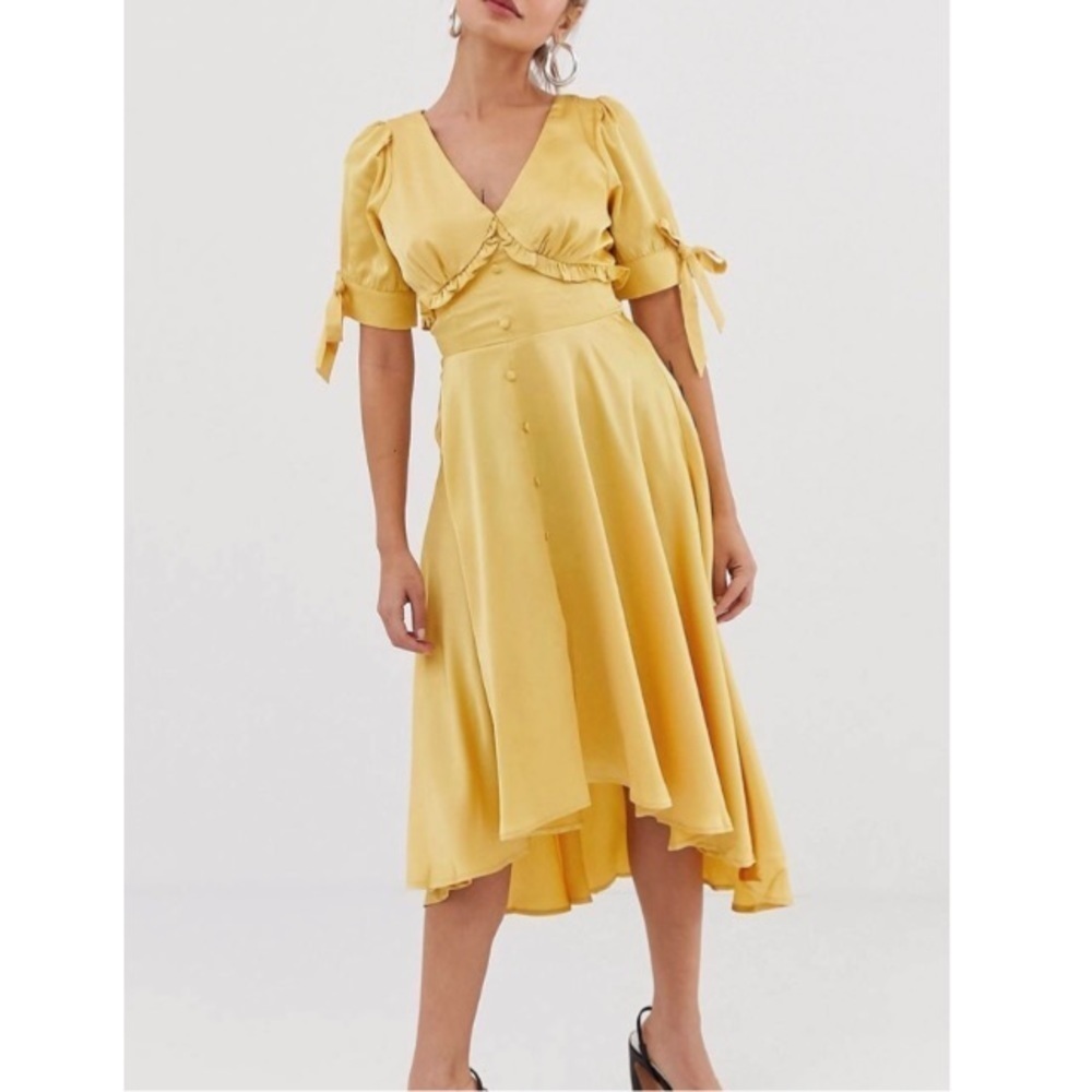 LOST INK Golden Yellow Satin Dress w/Sleeve Ties